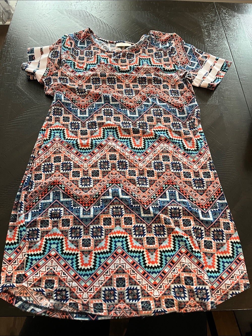 Aztec Print Short Sleeve Mini Dress in Blue & Coral